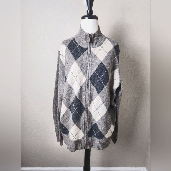 J. Crew Lambwools Argyle Zip-Up Elbow Patch Sweater Cardigan Gray  Size L - Picture 1 of 8